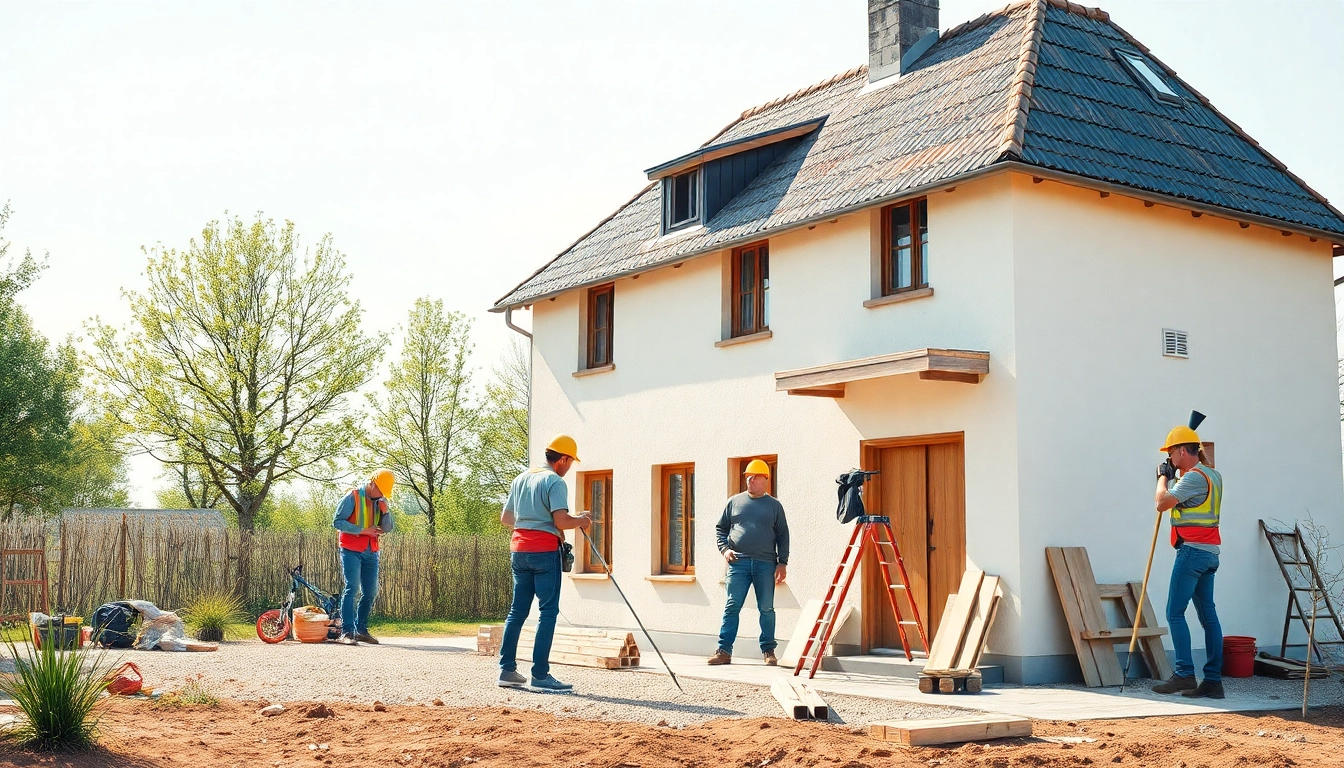 Aktive Hausrenovierung: Handwerker renovieren ein altes Haus mit modernen Materialien.