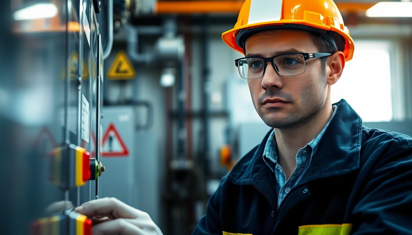 DGUV V3 Prüfung mit Techniker, der elektrische Anlagen in einem Industriebereich inspiziert.