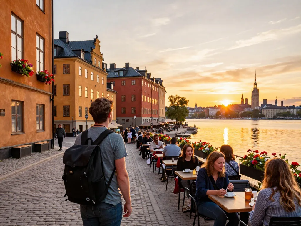 Reisetipps Stockholm-Szene mit einem Reisenden in Gamla Stan, der historische Ausblicke und Fika in Cafés genießt.