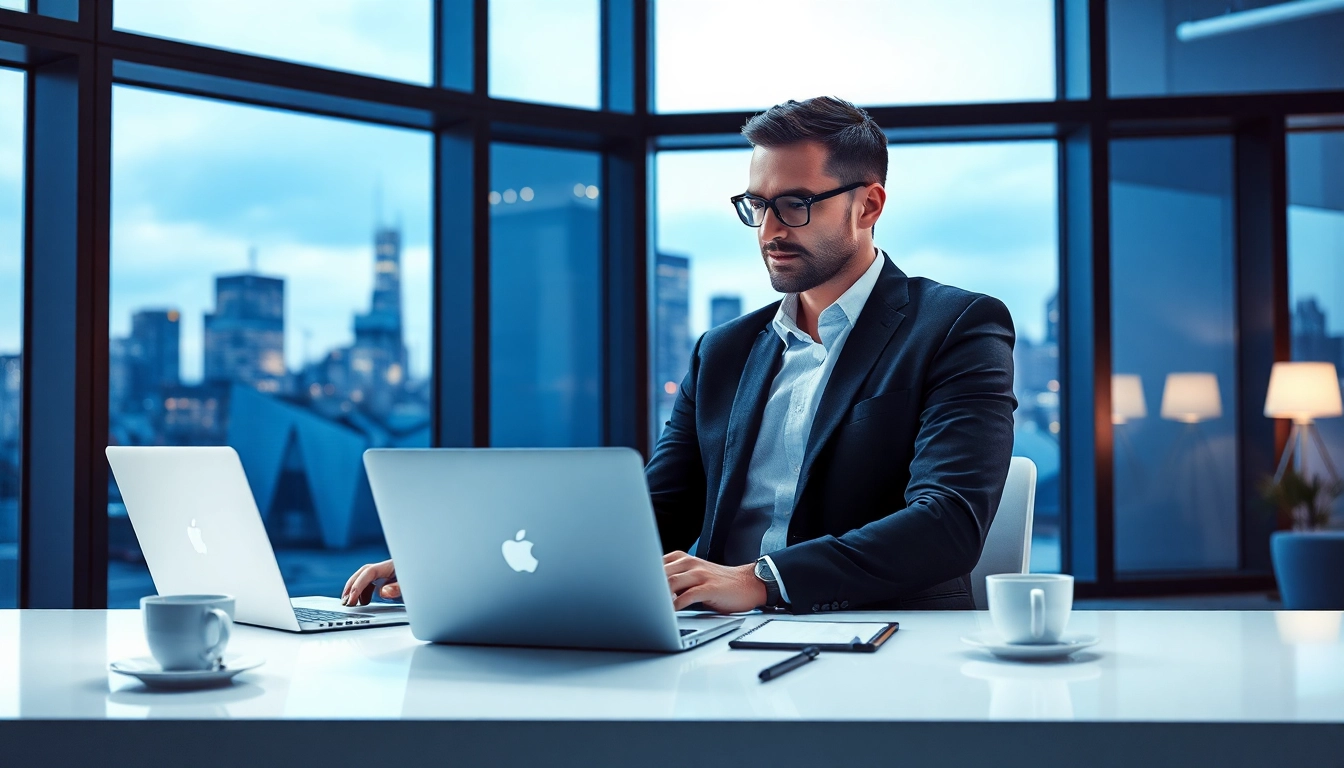 Headhunter IT bei einem Gespräch in modernem Büro, Laptop und Notizen sichtbar.