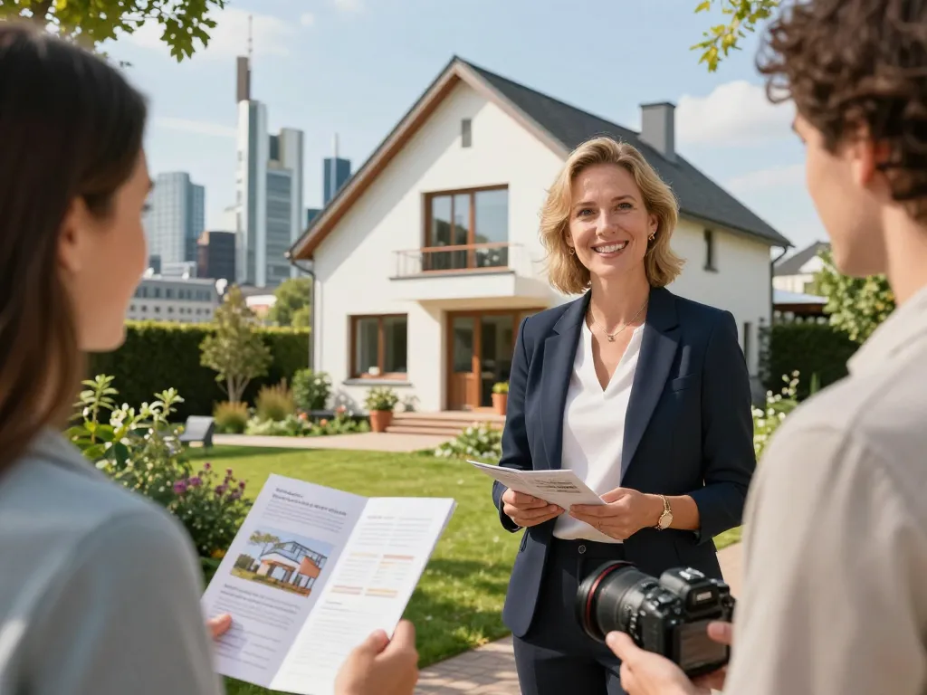 Immobilienmakler präsentiert ein Haus in Frankfurt Riedberg und fördert effektiv die Dienstleistungen von Immobilienmaklern.