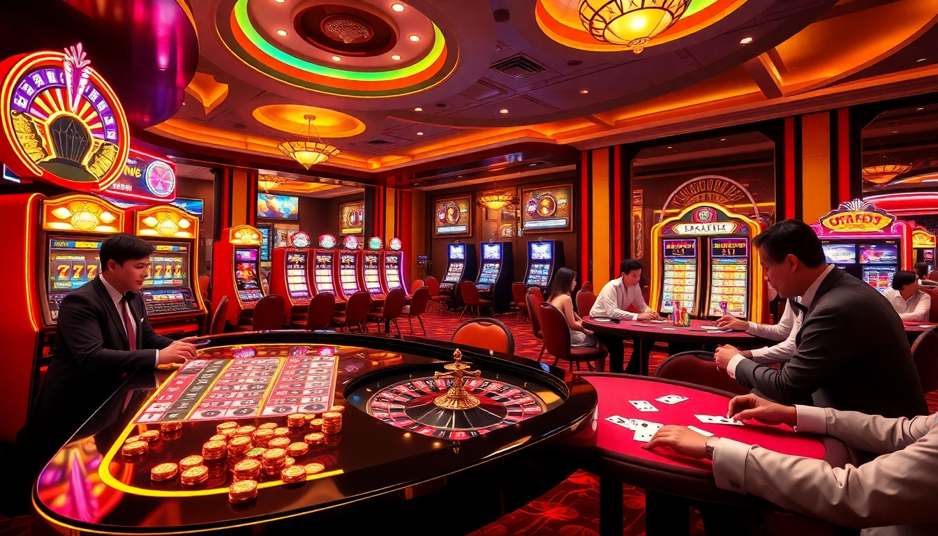 Experience the thrill of U888 with players enjoying vibrant slot machines and a roulette table.