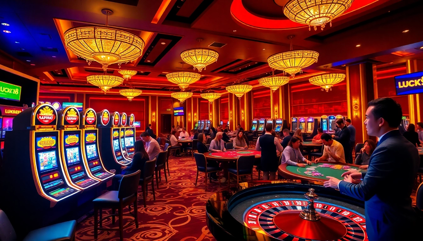 Trải nghiệm sự hứng khởi tại LUCK8 và LUCKY8 với cảnh casino sống động có máy đánh bạc và bàn poker.