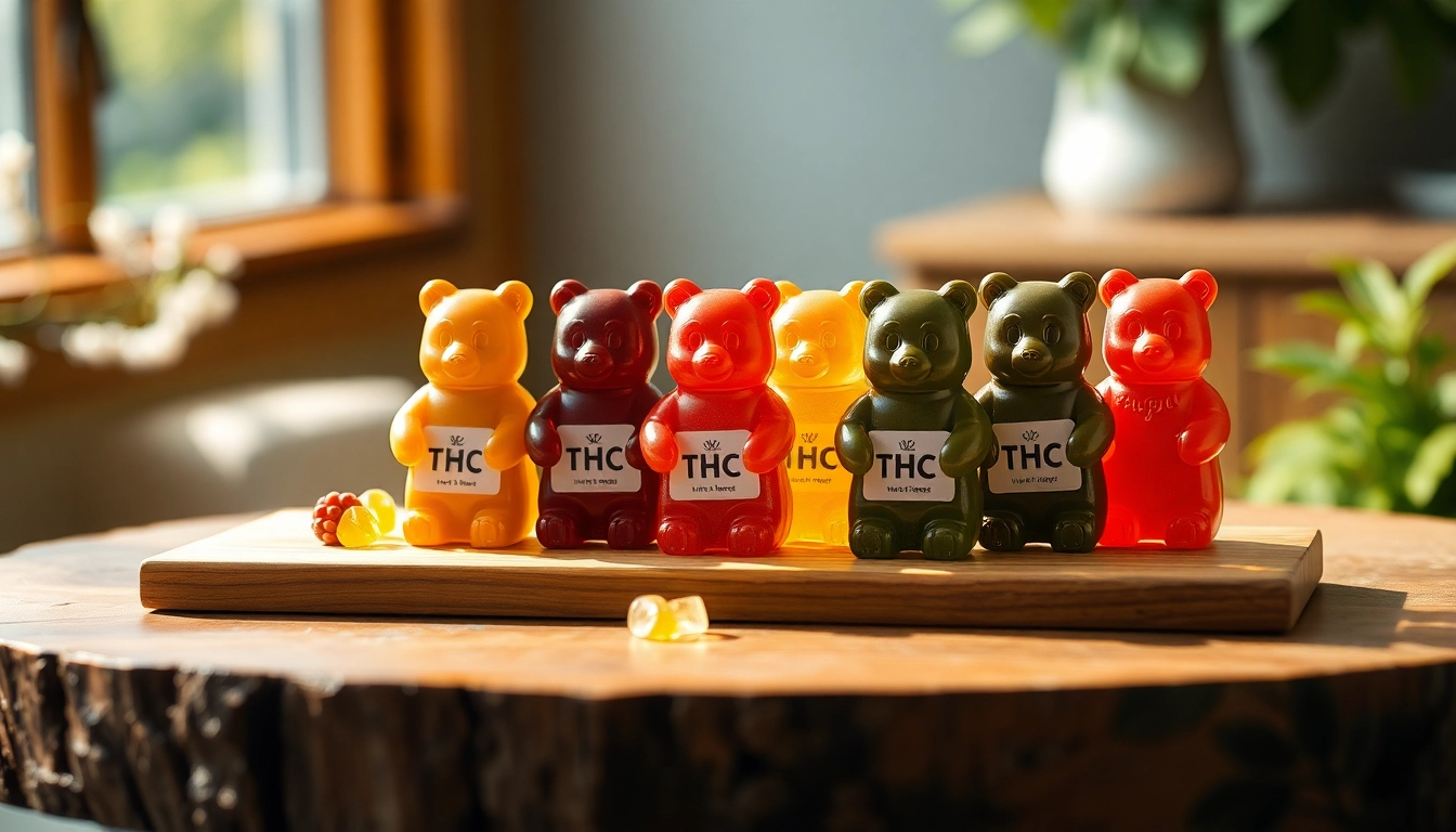 Enthülle die köstlichen thc gummibären in bunten Farben, sorgfältig angerichtet auf einem rustikalen Holztablett.