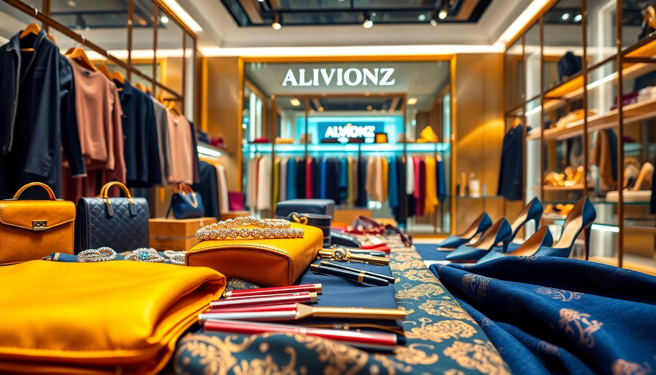 Alvionz showcases luxurious fashion items in a sophisticated boutique arrangement.
