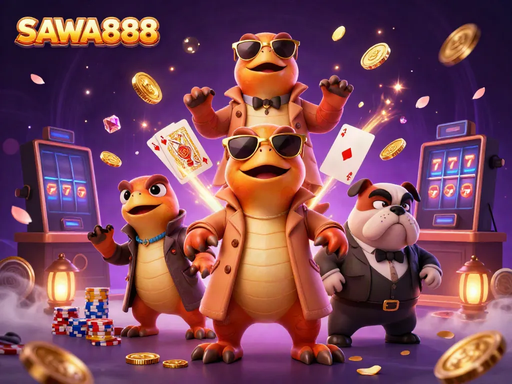 Join the fun at SAWA888 with raptors in a trench coat sneaking into a VIP casino lounge.