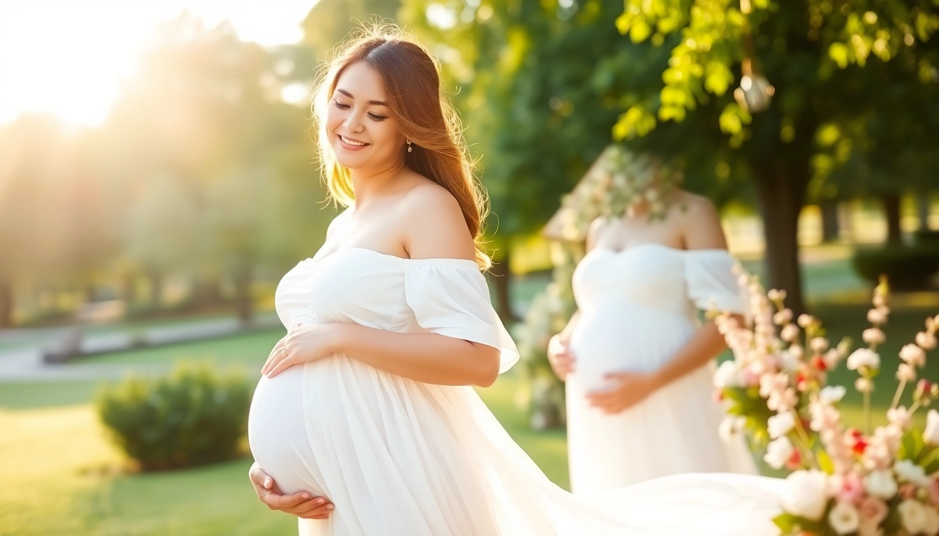 Schwangerschaftsfotografie eine strahlende Mutter mit kreativem Babybauch im Freien.