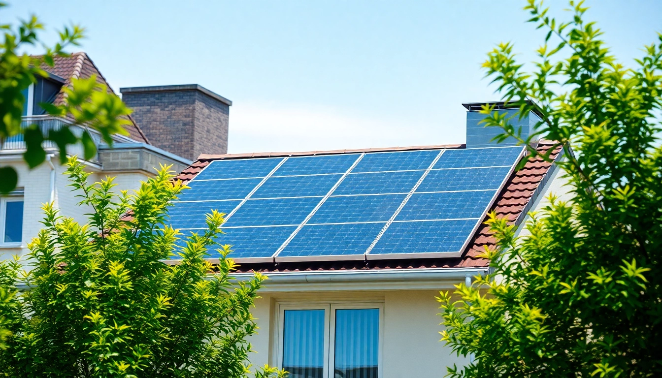 Die Darstellung von PV-Kosten zeigt eine moderne Solarfläche in einem städtischen Umfeld, umgeben von Natur, symbolisiert Nachhaltigkeit.
