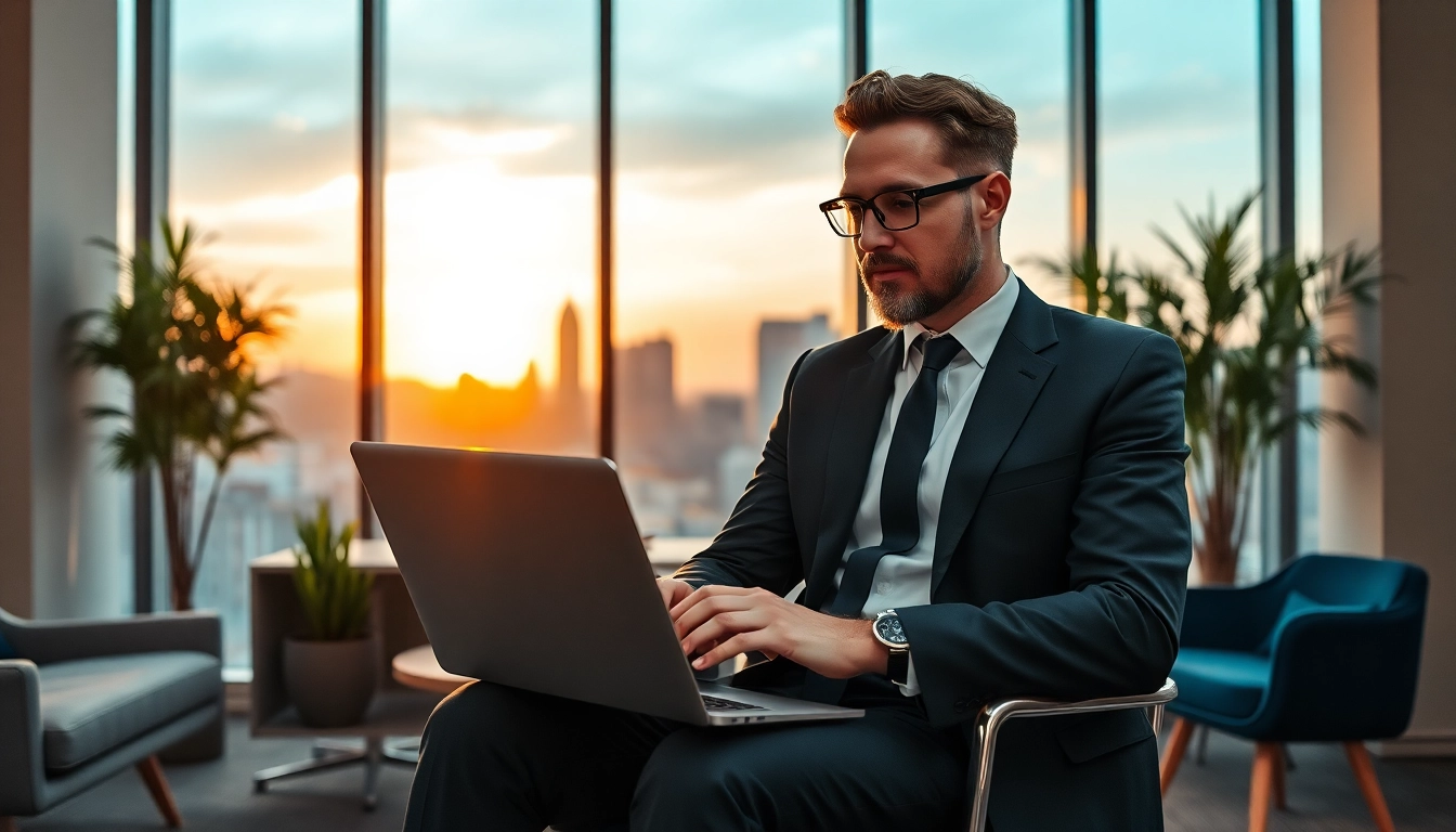 Headhunter arbeitet fokussiert an seinem Laptop in einem modernen Büro mit städtischem Ausblick.