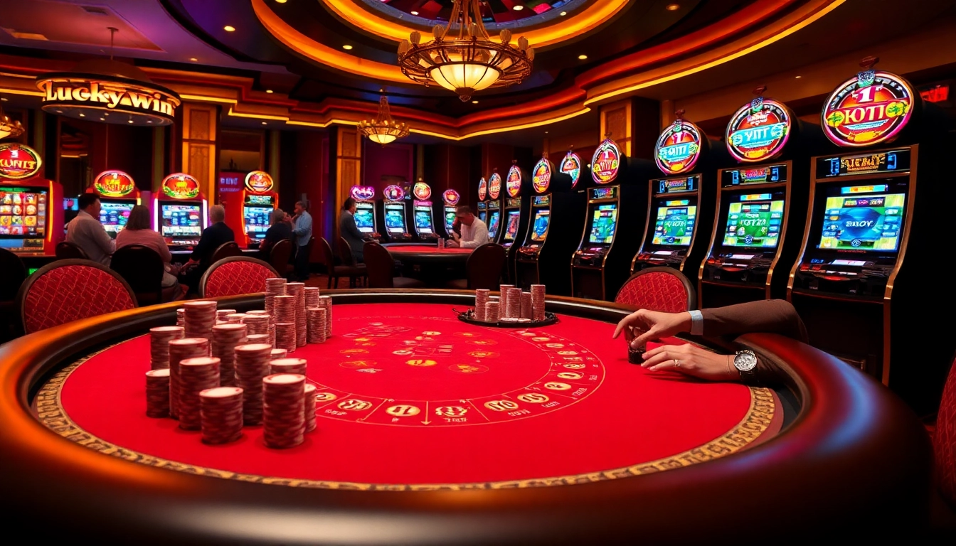 Action-packed scene at Luckywin casino highlighting players betting at a blackjack table with vibrant slot machines.