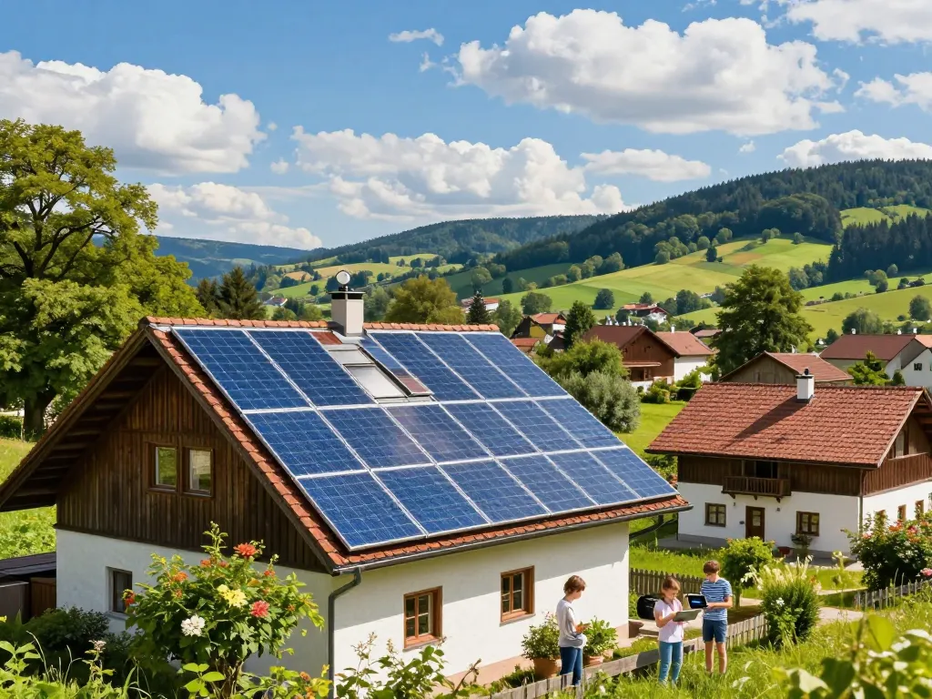 Photovoltaik Bayern Solarmodule auf bayerischen Häusern, die Energieeffizienz und Nachhaltigkeit zeigen.