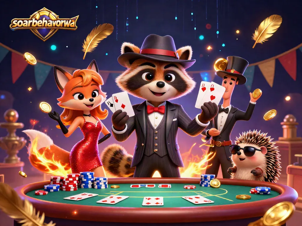 Engage in thrilling poker action with soarbehaviorwa, featuring a suave raccoon and charming fox in a vibrant casino scene.