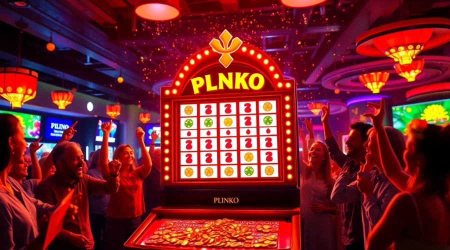 Experience the thrill of winning at a plinko casino with players celebrating around the vibrant game board.