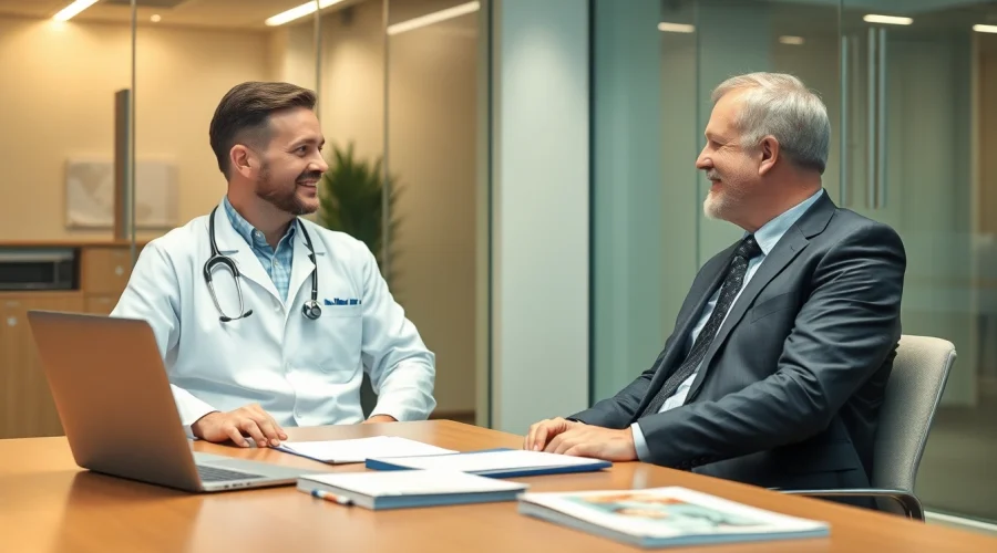 Headhunter Ärzte im Gespräch mit einem potenziellen Kandidaten in einem modernen Büro, um Vertrauen zu schaffen.