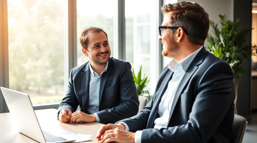 Headhunter Solingen spricht mit einem Kunden in einem modernen Büro über berufliche Möglichkeiten.