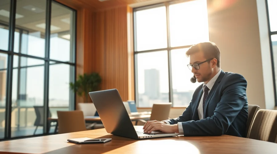 Headhunter arbeitet konzentriert in einem modernen Büro mit Laptop und telefoniert.