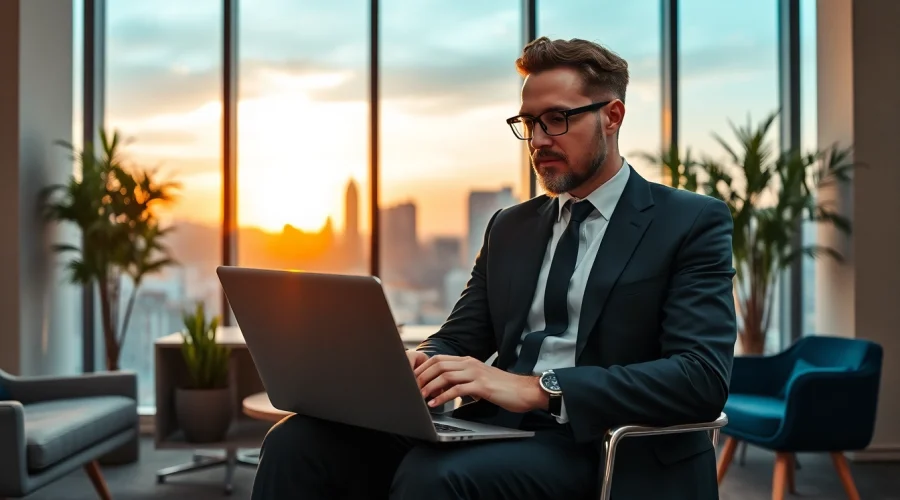 Headhunter arbeitet fokussiert an seinem Laptop in einem modernen Büro mit städtischem Ausblick.