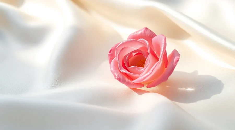 Rosenquarz Wirkung: Ein wunderschöner Rosenquarz auf Satin, der seine zarten Farben und Einschlüsse zeigt.