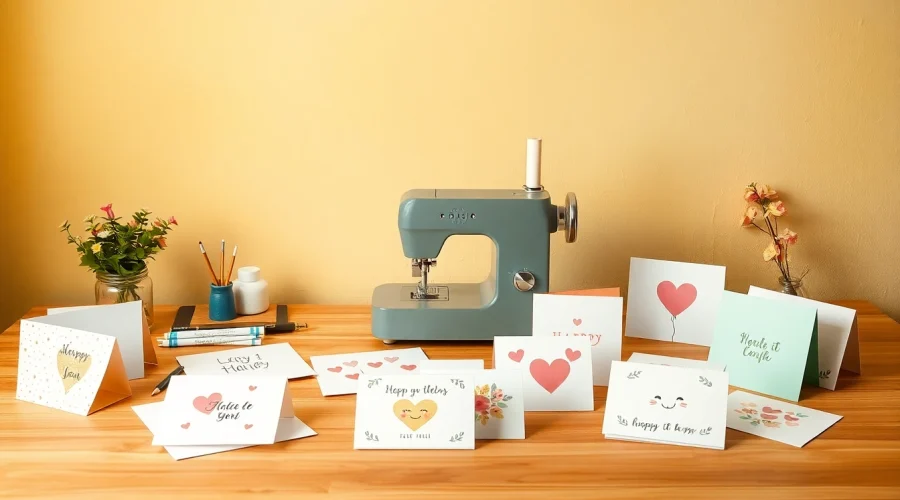 Gestalte individuelle Grußkarten auf einem stilvollen Tisch mit kreativen Utensilien.