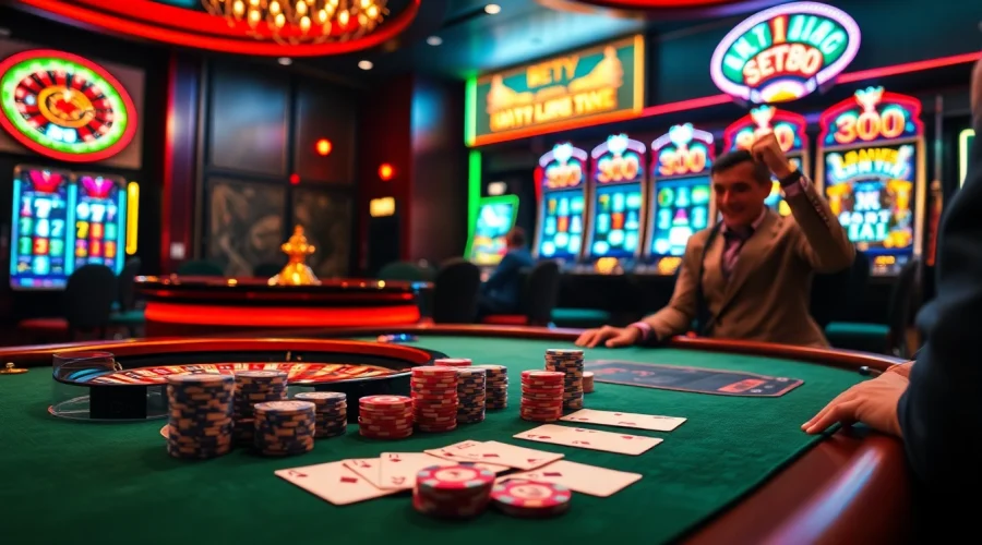BET88 players enjoying high-stakes poker at a luxurious casino table, capturing the thrill of online gambling.