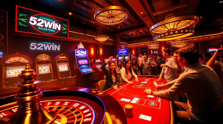 Players enjoying a thrilling poker table experience with 52WIN branding in a luxurious casino setting.