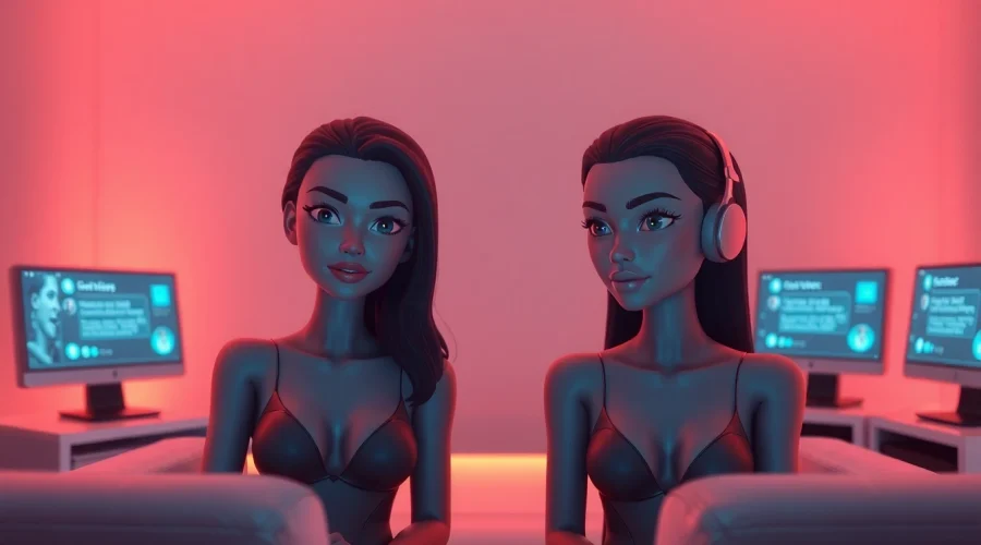 Engaging AI chat sex conversation in a futuristic virtual room with digital avatars.