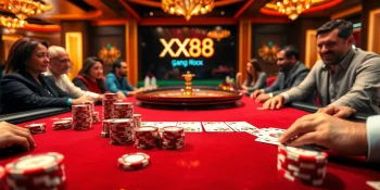 Excited players enjoy an immersive poker game at the luxurious XX88 casino table.