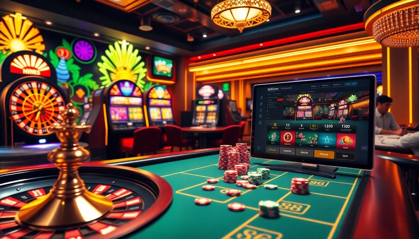 Exciting casino scene highlighting 88i with roulette, poker table, vibrant slot machines, and online gaming elements.