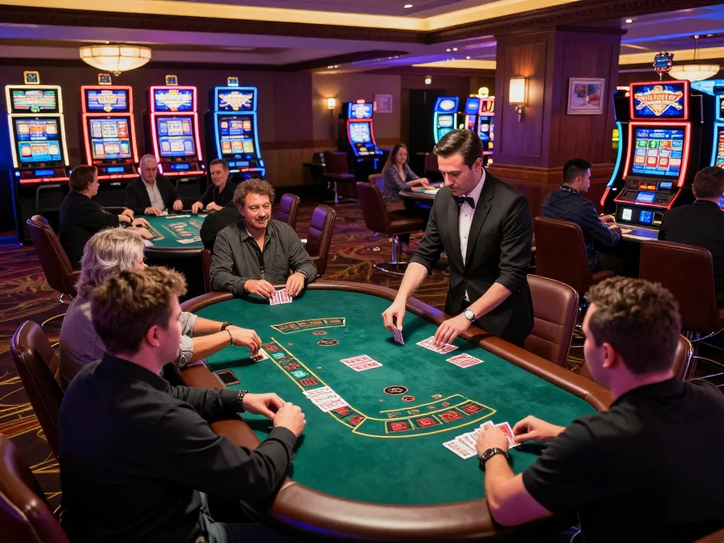 Engaged players strategizing at a blackjack table in a lively casino, highlighting Go8 gaming experience.