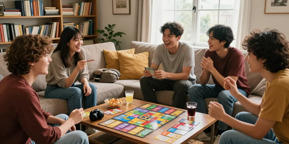 Friends participating in a fun Quiz Allgemeinwissen competition in a cozy living room.